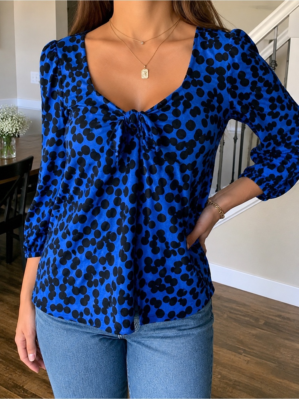 Ava & Viv Royal Blue and Black Polka Dot Tie-Front Blouse